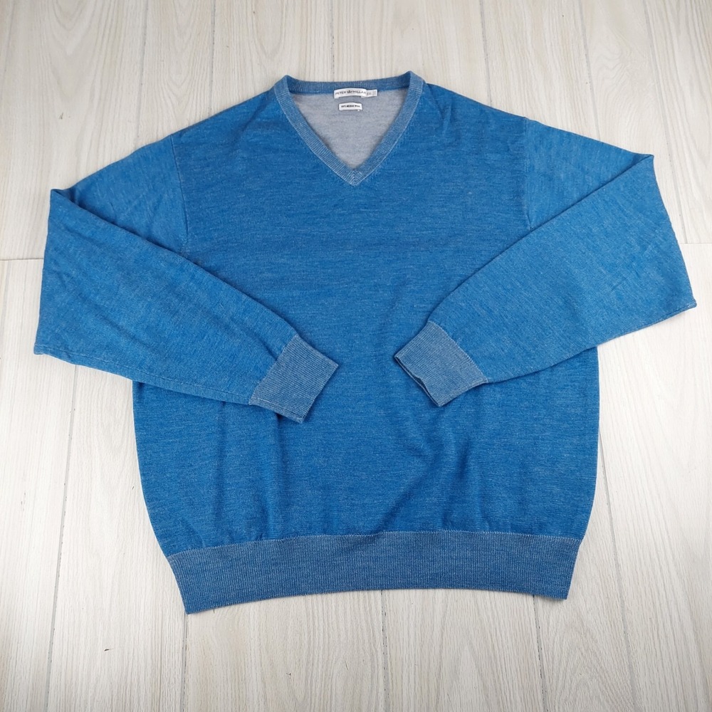Peter Millar Sweater Mens XXL Blue V-Neck 100% Merino‎ Wool Heathered Knit